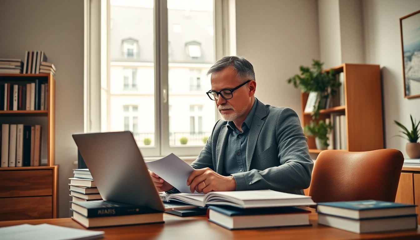 Traducteur certifié à Paris travaillant sur des documents officiels dans un bureau moderne.