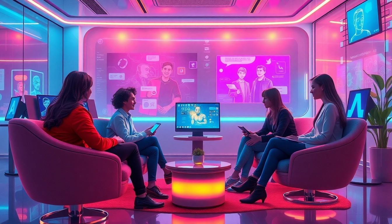 Engaging scene of ai sex chat free interactions with diverse characters in futuristic digital space.