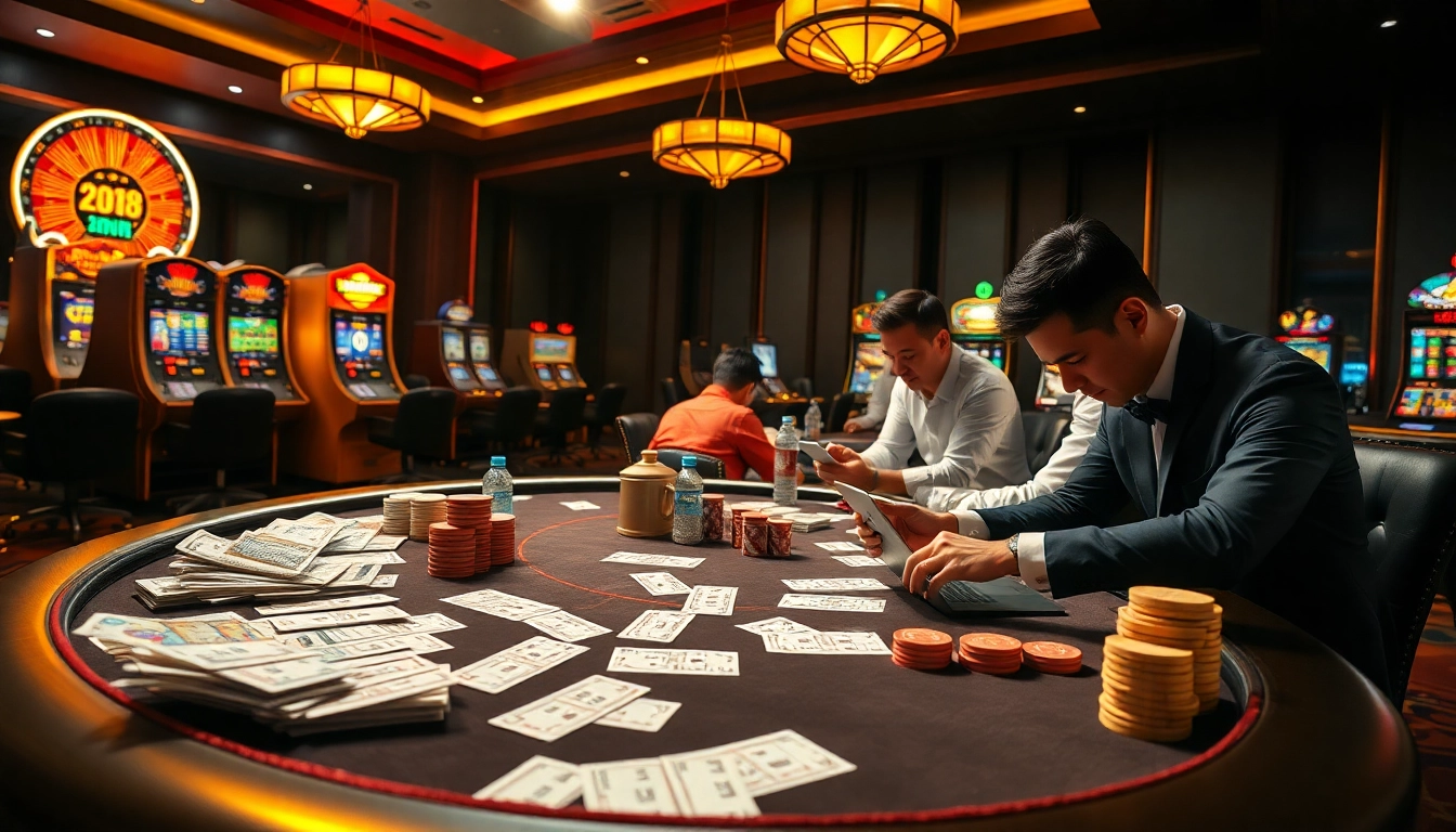 Soi Cầu XSMB Win2888 Asia players analyzing strategies at an upscale casino table featuring lottery betting.