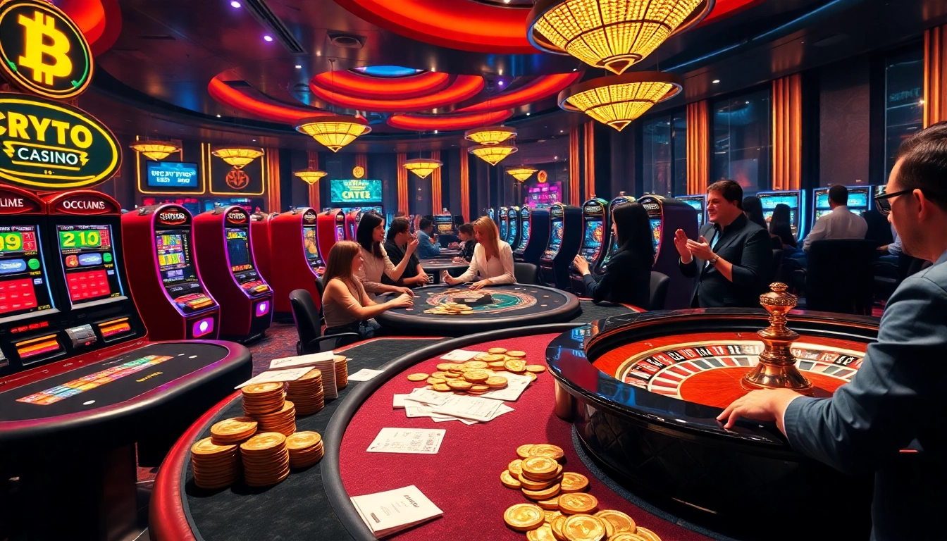 Casinos Bitcoin passionnants avec des tables dynamiques, des cartes et des joueurs plongés dans le jeu.