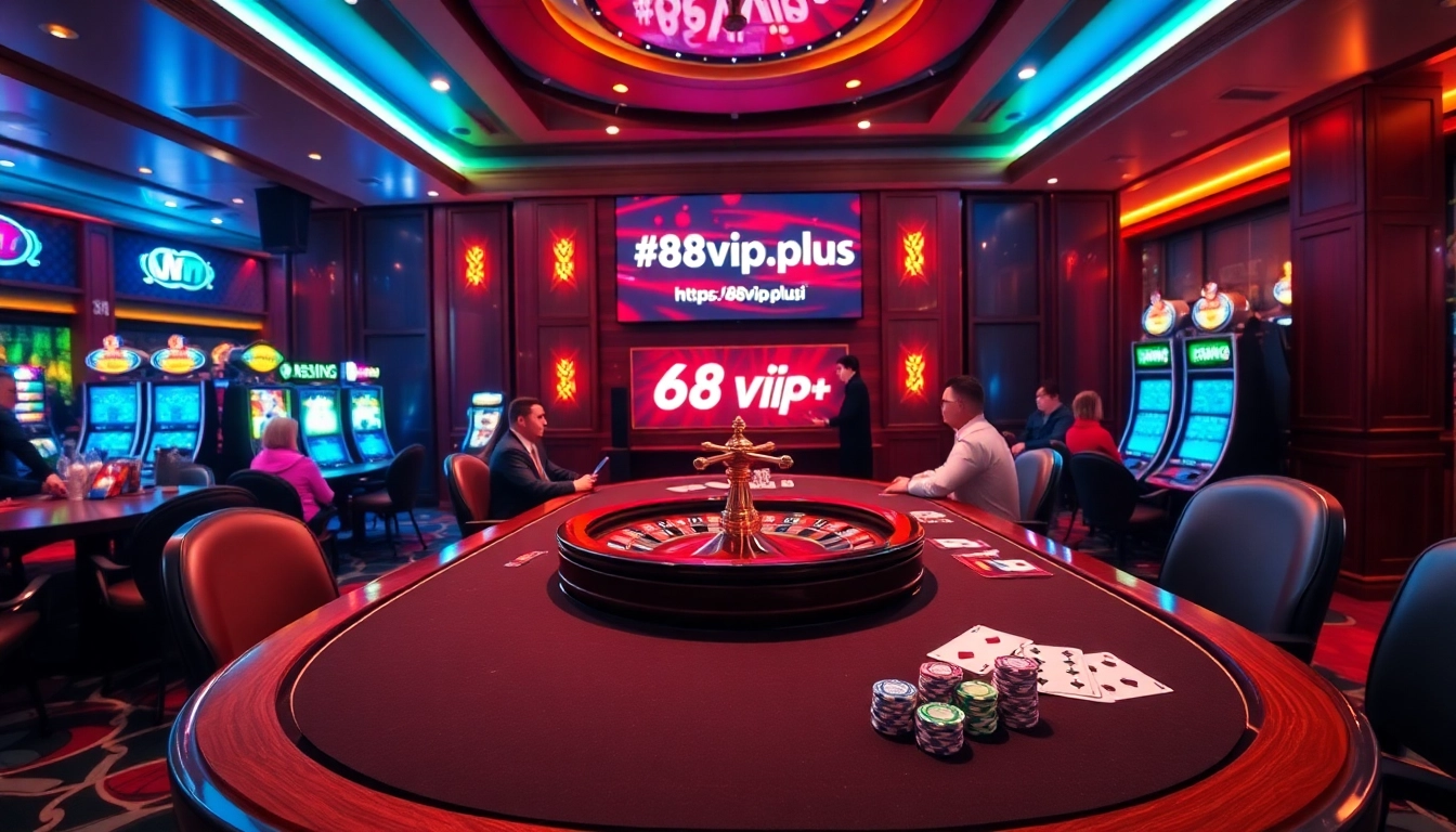 A vibrant casino scene featuring a poker table, roulette wheel, and slot machines, highlighting https://68vip.plus/ promotions.