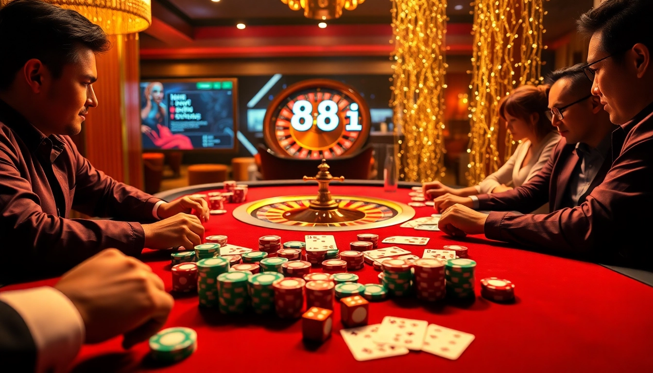 Players enjoying a thrilling blackjack match at 88i casino, showcasing high-stakes gaming.