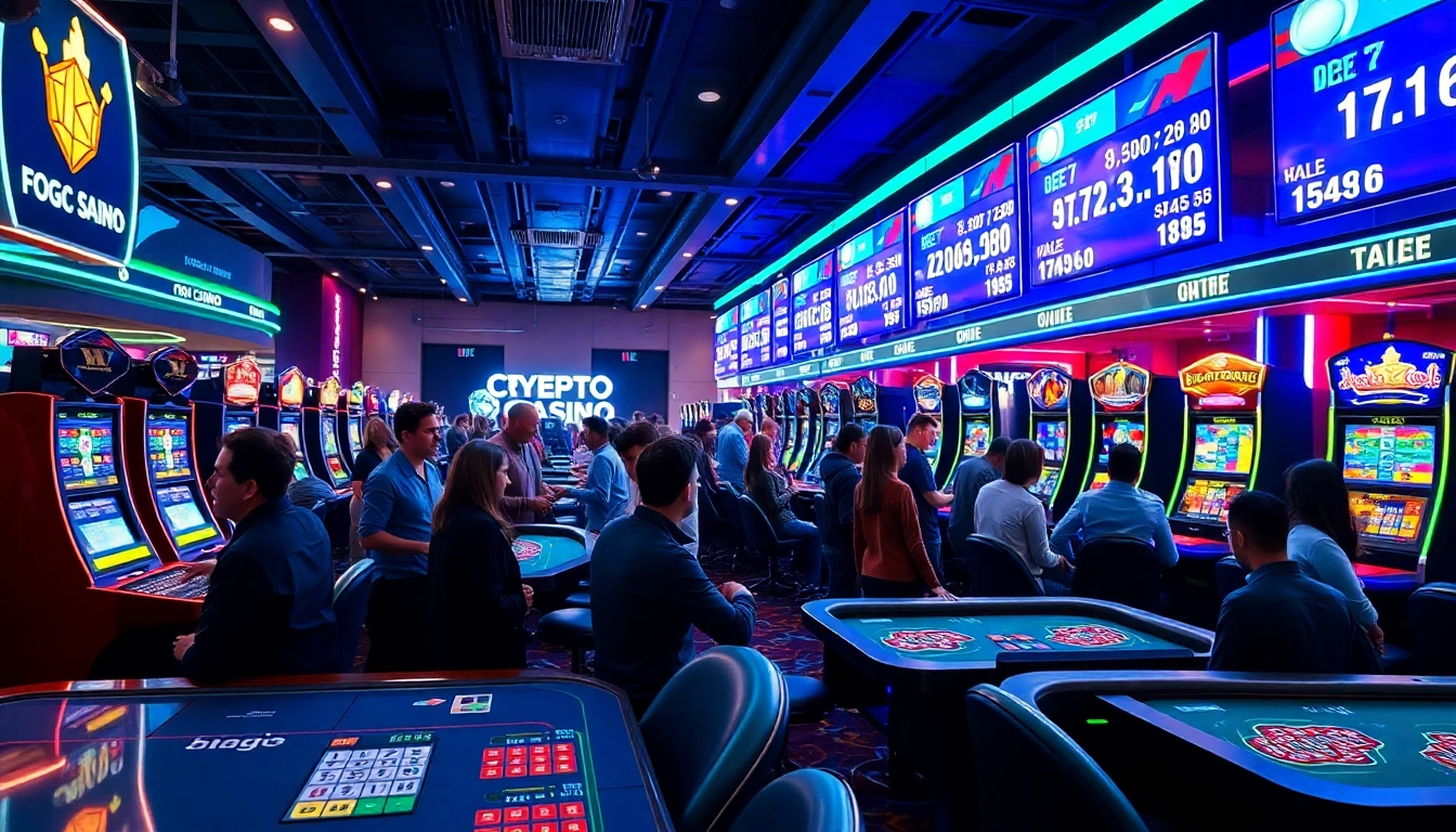 Un casino crypto dynamique avec des joueurs profitant des jeux de casino sur écran.