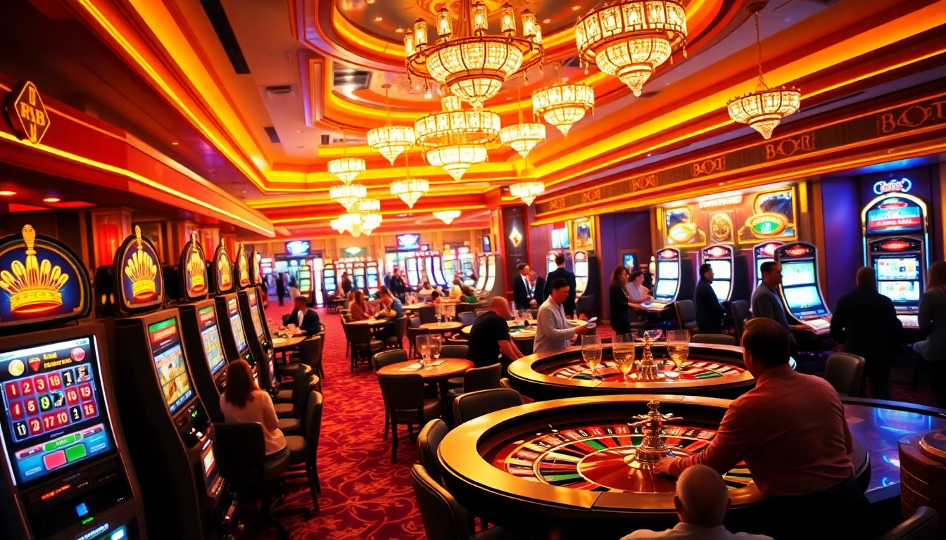 Experience the excitement of gaming at https://68vip.plus/ with vibrant casino visuals featuring slot machines and roulette wheels.