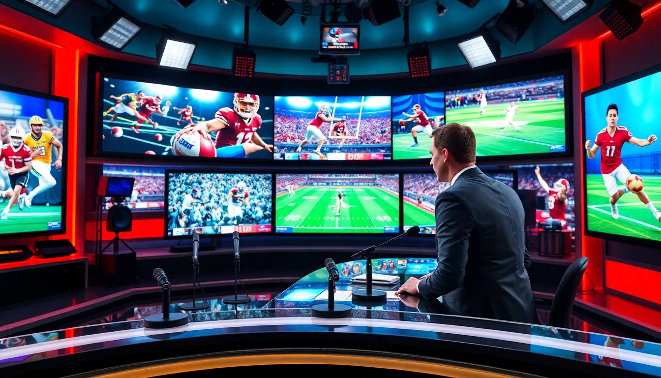 Engaging sports broadcasting anchor delivering live updates in a modern studio.