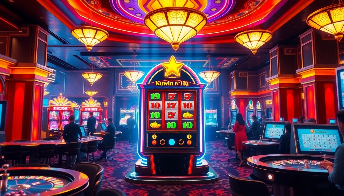 Players enjoying the thrill of kuwin nổ hũ as they celebrate wins at a vibrant casino.