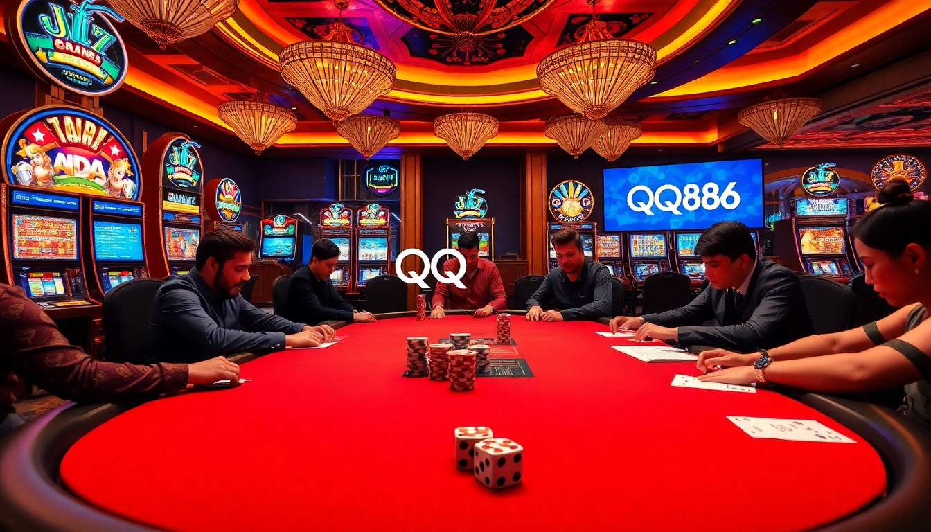 Players strategizing at a high-stakes QQ88 poker table in a vibrant casino atmosphere.