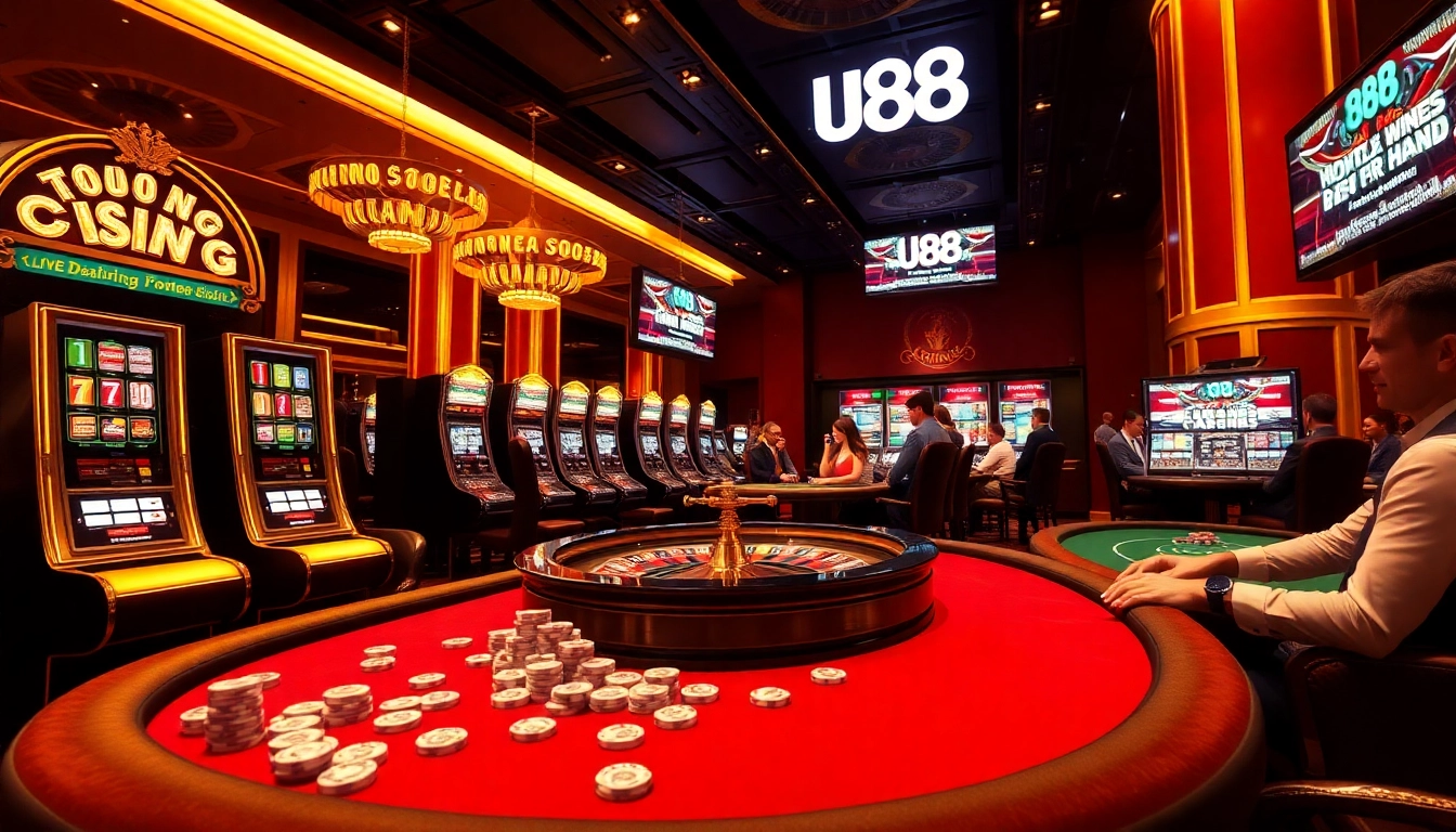 Engaging casino scene showcasing u 888 brand with vibrant gaming elements and excitement.