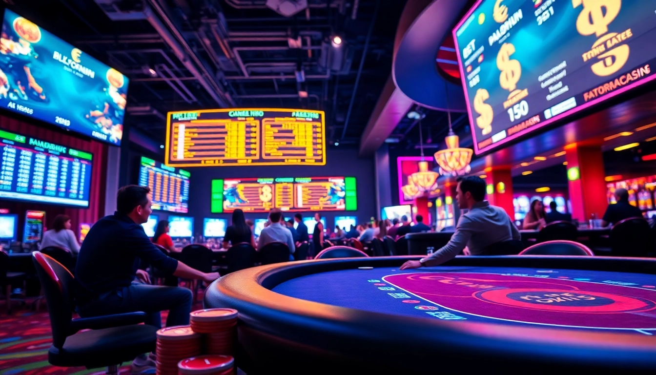 Jouez dans un crypto casino animé avec des tables de poker et des symboles de devises numériques.