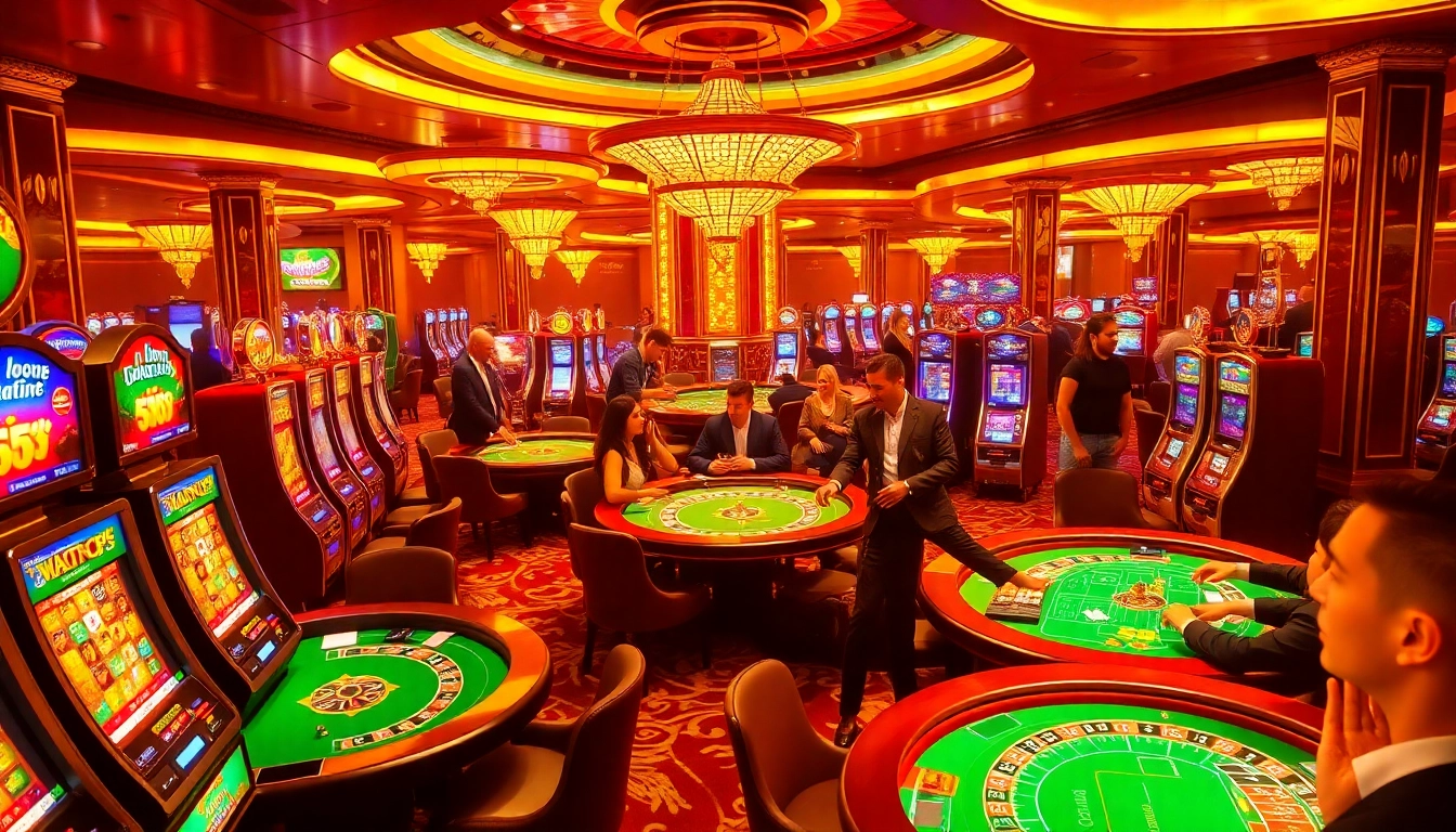 Experience the thrill of 555 win at a luxury casino scene with dynamic gaming tables and jubilant players.
