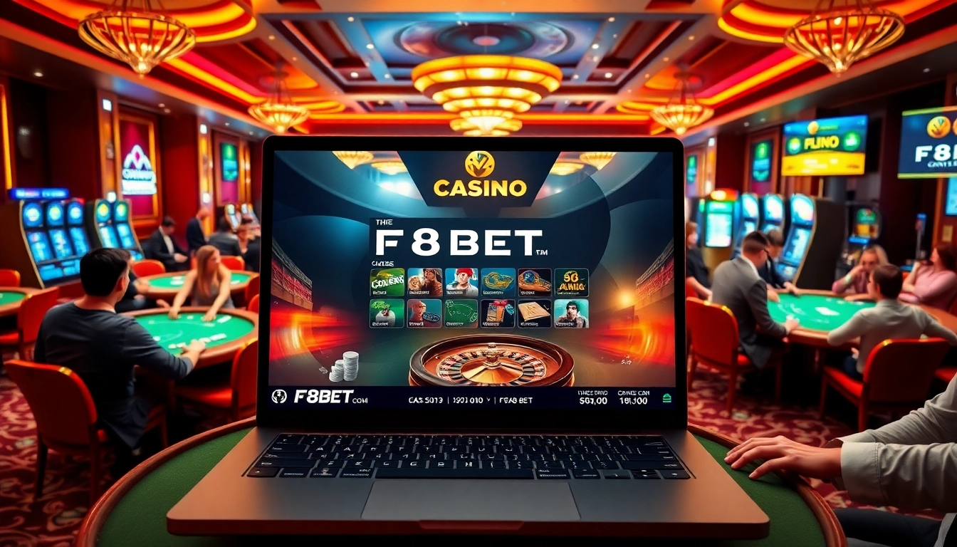 Experience thrilling gaming at F8BET COM casino with vibrant tables and excited gamblers.