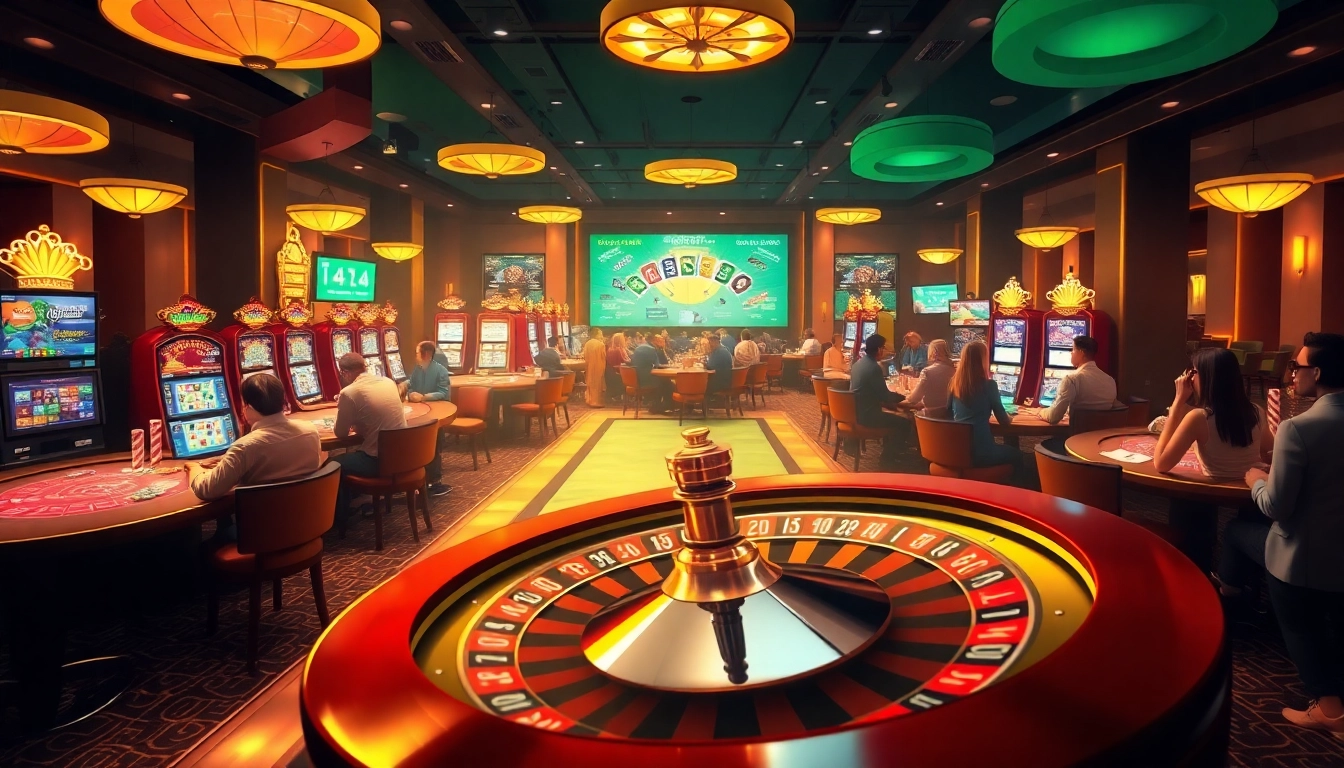 Exciting scene of gambling at a casino en ligne argent réel with vibrant tables and players engaged in betting.