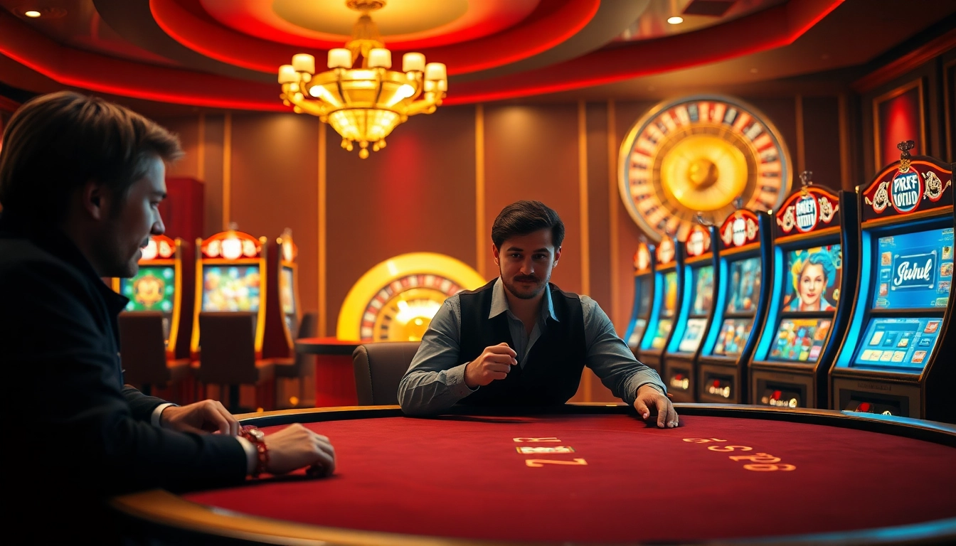 Engaging scene of an online casino en ligne argent réel with luxurious poker table and slot machines.