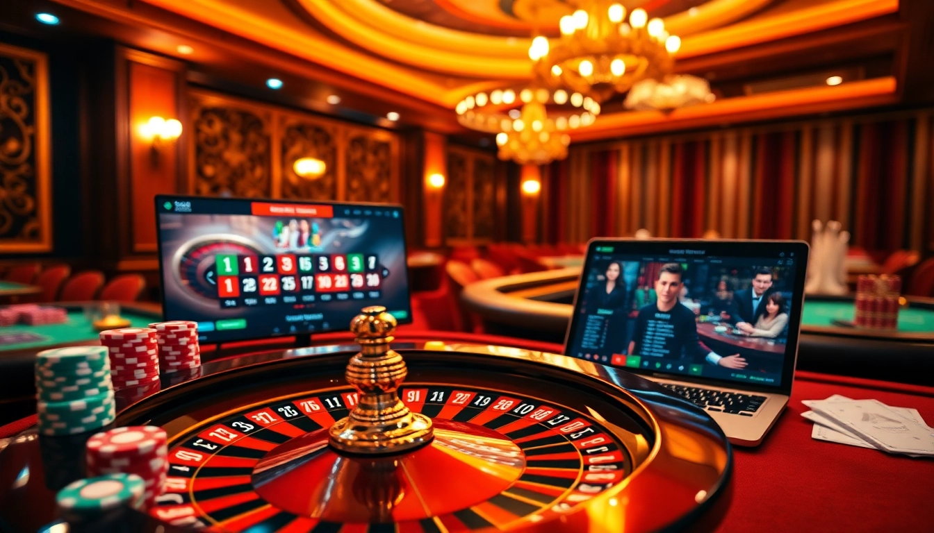 Experience the thrill of casino en ligne argent réel with vibrant roulette wheels and poker chips in a luxurious setting.
