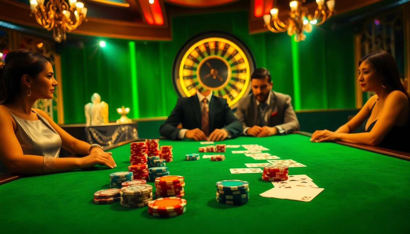 Players enjoying poker at a luxurious table with 33win-themed casino elements.