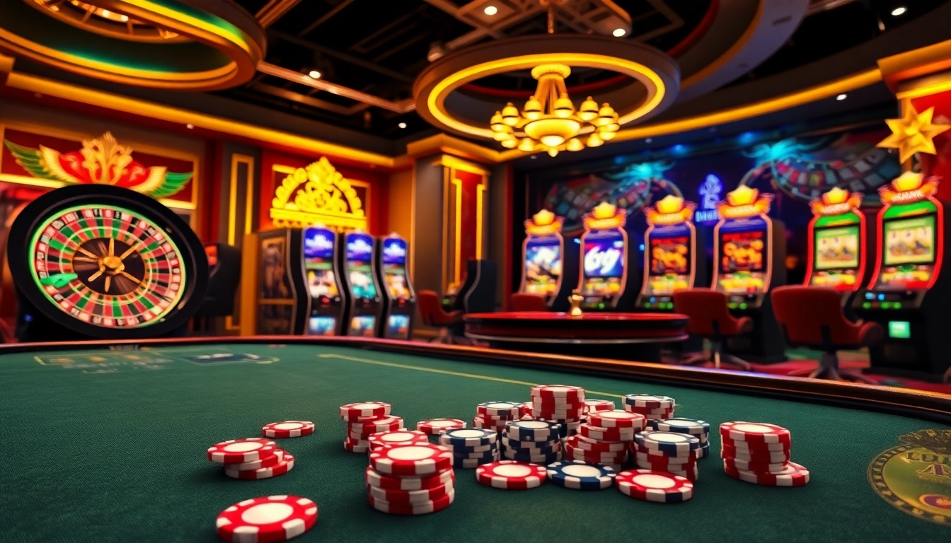 Scène engageante de casino en ligne argent réel avec des machines à sous vibrantes et des roues de roulette dynamiques.