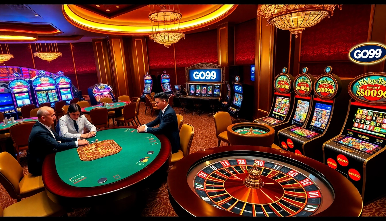 Players enjoying classic games at Go99's high-stakes casino tables amidst an upscale environment.
