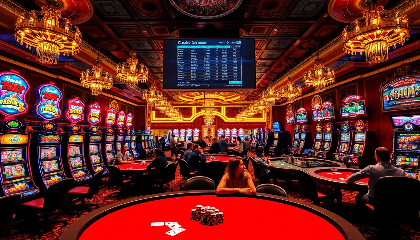 Une scène vibrante de joueurs profitant du casino en ligne argent réel avec des machines à sous et des jeux de table passionnants.