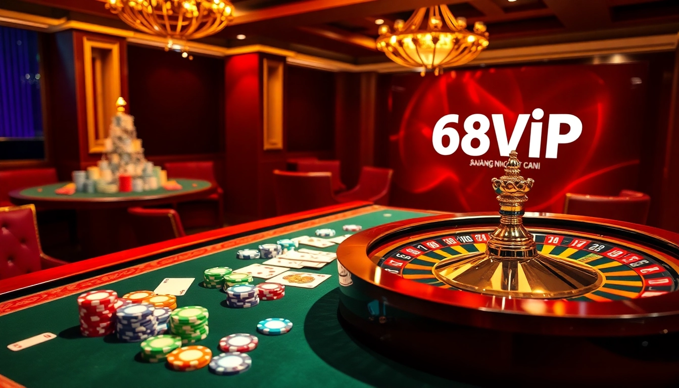 Experience the excitement of Đăng Nhập Nhà Cái 68VIP with vibrant casino visuals featuring poker chips and roulette.