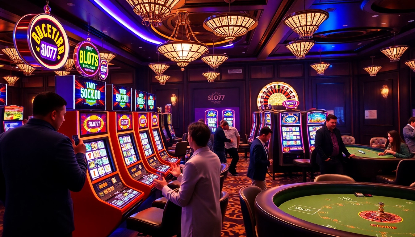 Players enjoying the excitement of Slot777 slot machines in a vibrant casino atmosphere.